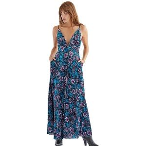 Free People Volcano Wide Leg Velvet Jumpsuit in Deep Emerald Combo